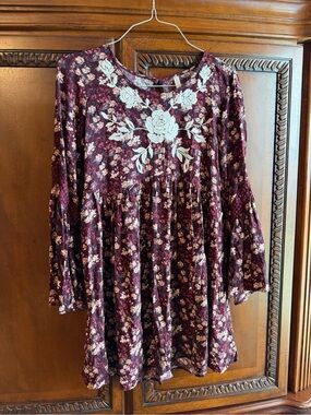 Xhilaration Burgundy Floral Mini Dress with Cream Embroidery